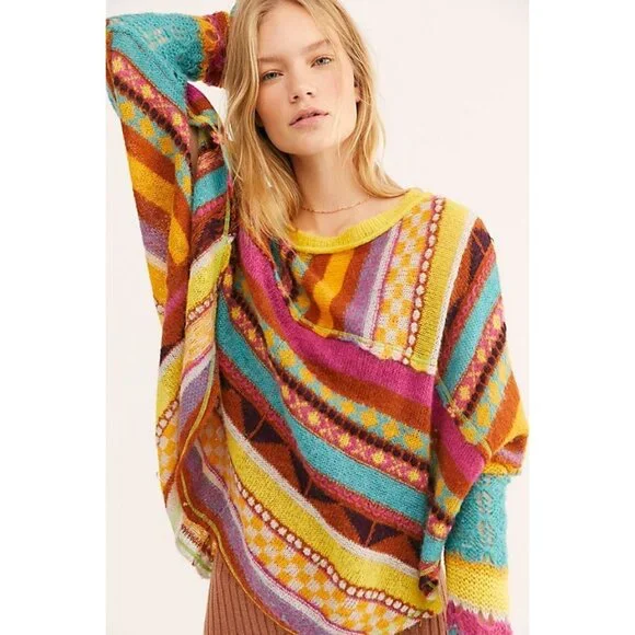 NWOT Free People Bright Multicolored Light Weight Knit Sweater Poncho - Picture 2 of 11